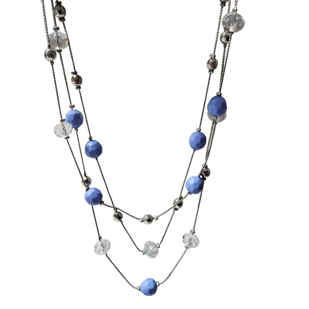 Elegant Blue Silver Tone Beaded Multi Strand Layered Necklace Fashion Jewelry